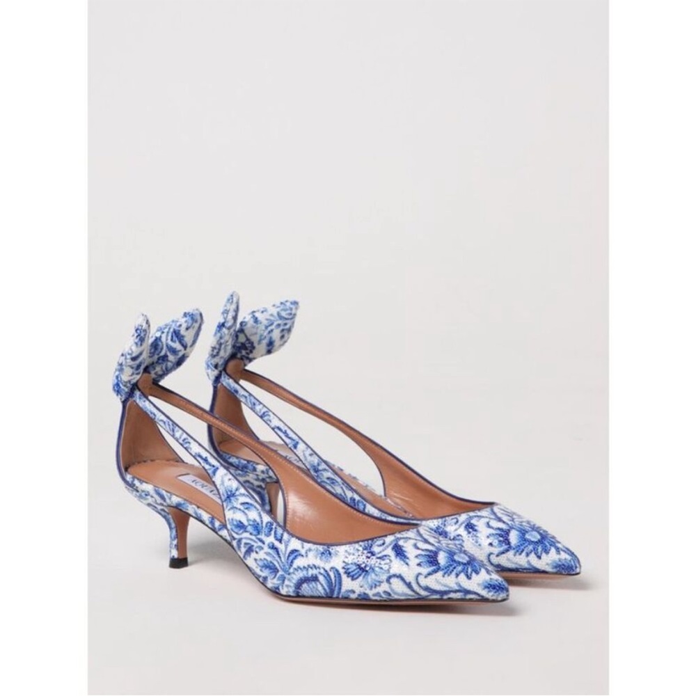 ISO Aquazzura Bow Tie Pump 50 Blue White Floral Kitten Heel Size US 8/EU 38-39